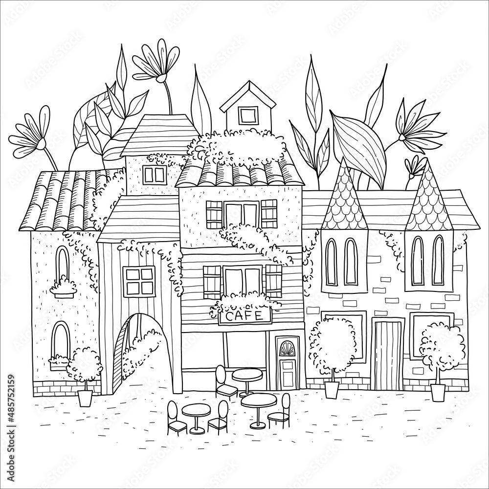Cute summer and spring cafe shop with trees, flowers, and table. Hand drawn coloring page.