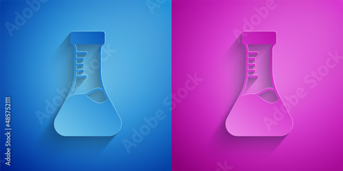 Paper cut Test tube and flask chemical laboratory test icon isolated on blue and purple background. Laboratory glassware sign. Paper art style. Vector