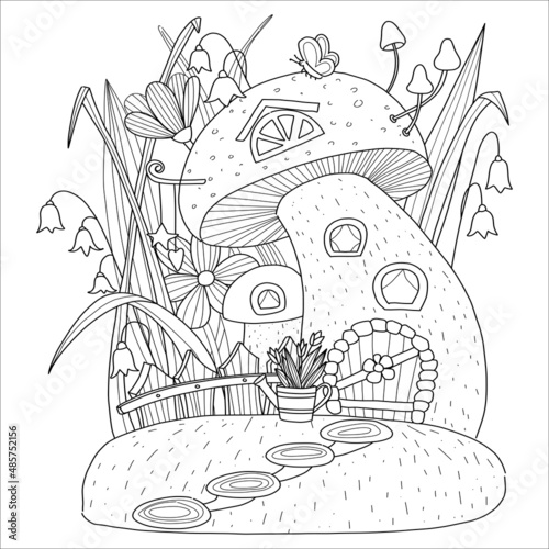 Mushroom house with grass, flowers, fence and watering can. Hand drawn coloring page.