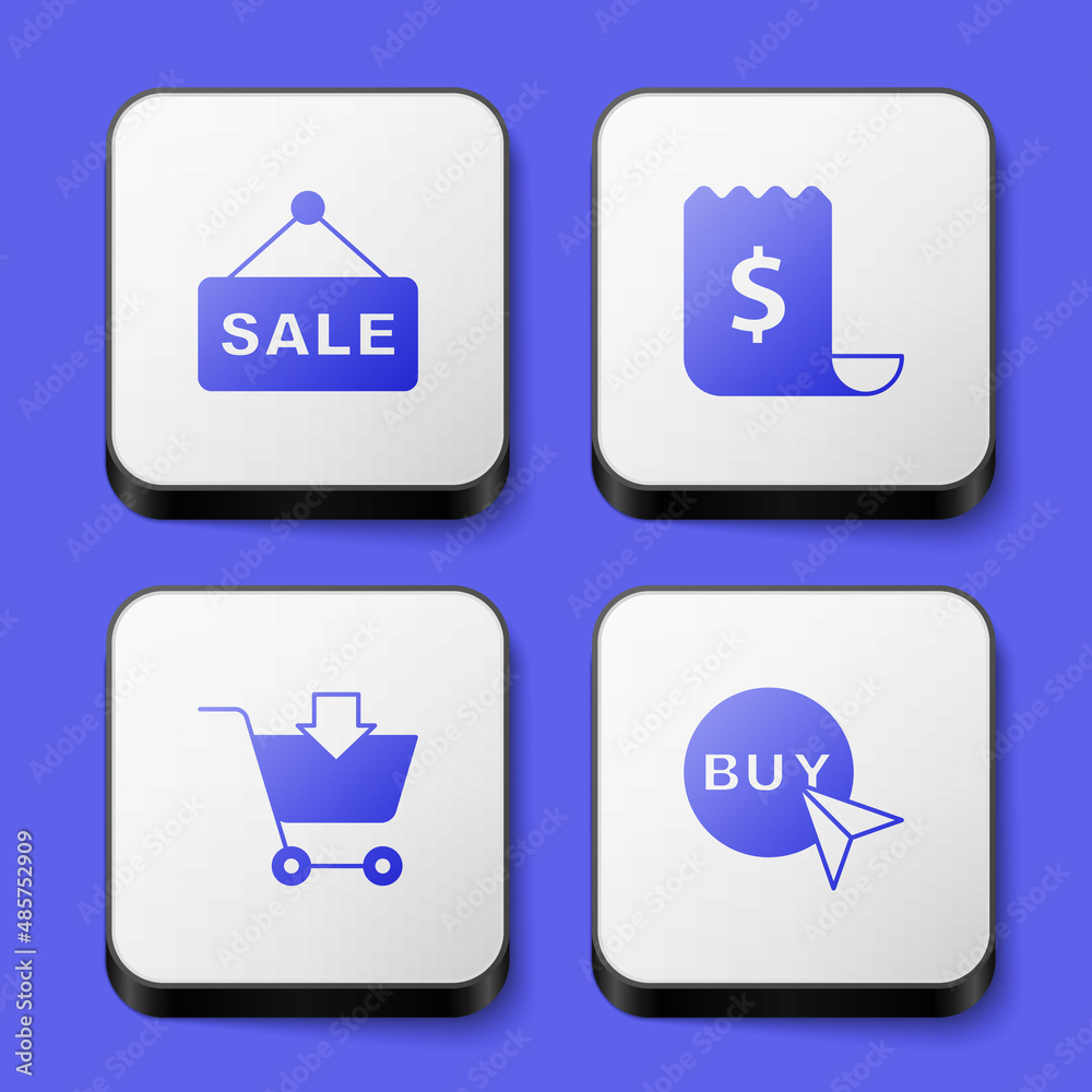 Set Hanging sign with text Sale, Paper check and financial check, Add to Shopping cart and Buy button icon. White square button. Vector Set Hanging sign with text Sale, Paper check and financial check, Add to Shopping cart and Buy button icon. White square button. Vector