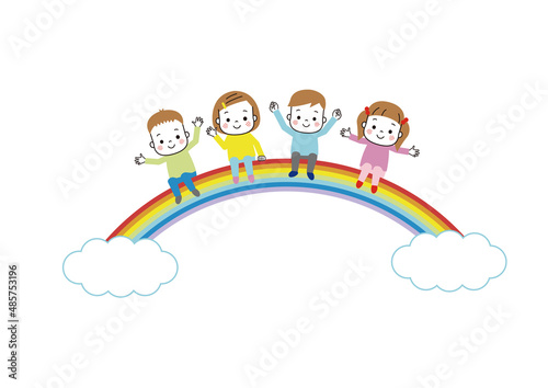虹のアーチに腰かけている笑顔の子どもたち