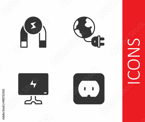 Set Electrical outlet, Magnet, Smart Tv and Global energy planet with plug icon. Vector © Iryna