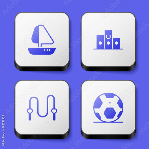 Set Yacht sailboat, Award over sports winner podium, Jump rope and Soccer football ball icon. White square button. Vector
