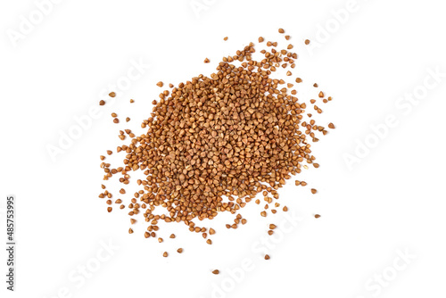 Buckwheat grains in a sack, isolated on white background.