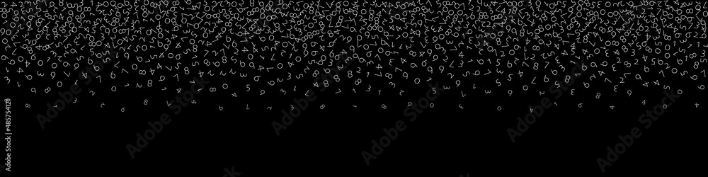 Falling numbers, big data concept. Binary white disorderly flying digits. Positive futuristic banner on black background. Digital vector illustration with falling numbers.