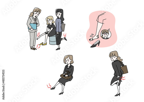 ハイヒールで足が痛い女性たちのセット　コミカルな手書きの人物　ベクター、線画にシンプルな色つけ