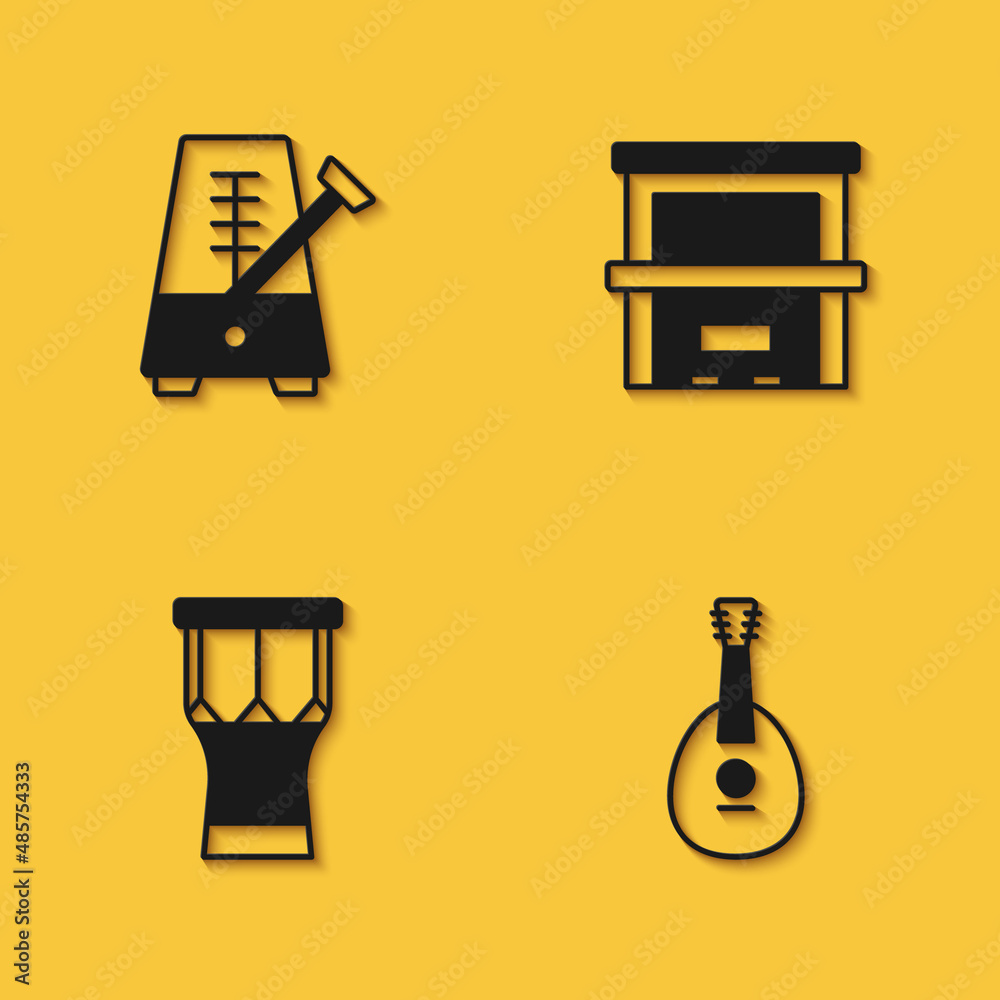 Set Metronome with pendulum, Mandolin, African percussion drum and Piano icon with long shadow. Vector Set Metronome with pendulum, Mandolin, African percussion drum and Piano icon with long shadow. Vector