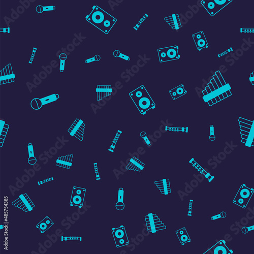 Set Microphone, Pan flute, Stereo speaker and Flute on seamless pattern. Vector