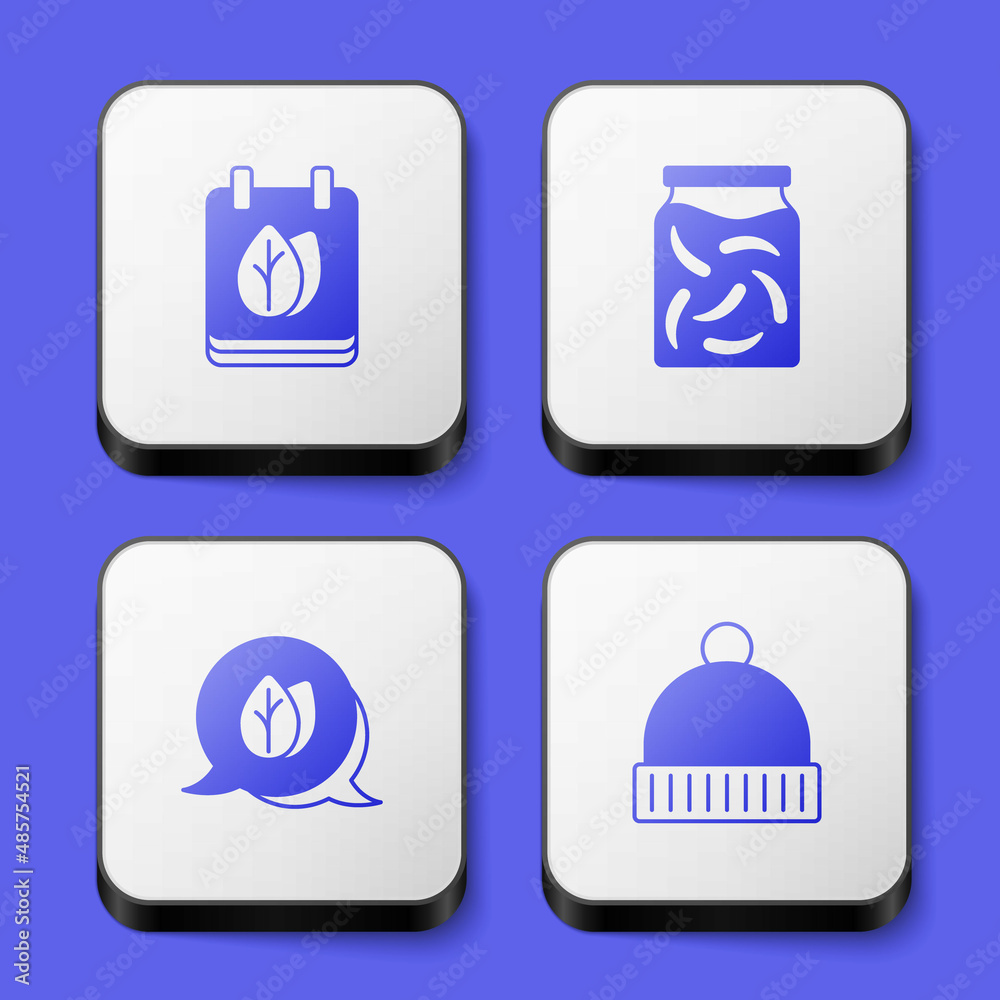 Set Calendar with autumn leaves, Pickled cucumbers in jar, Leaf and Winter hat icon. White square button. Vector