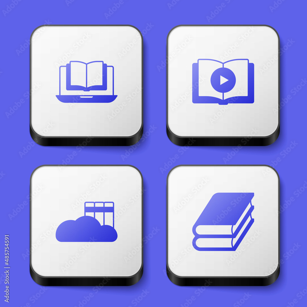Set Online class, Audio book, Cloud or online library and Book icon. White square button. Vector