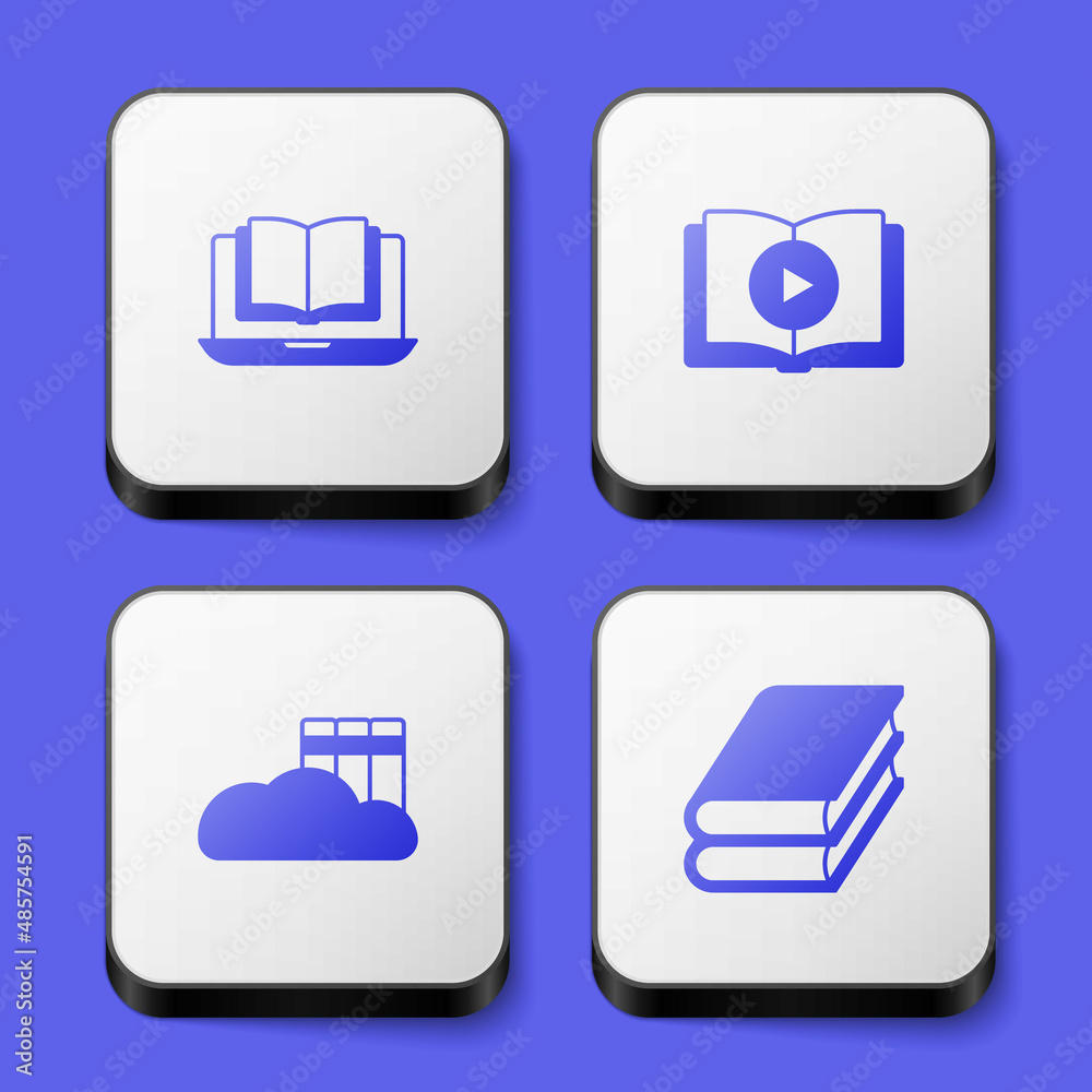 Set Online class, Audio book, Cloud or online library and Book icon. White square button. Vector Set Online class, Audio book, Cloud or online library and Book icon. White square button. Vector