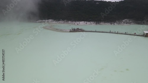 Aerial view of white crater, bandung, Indonesia with foggy weather