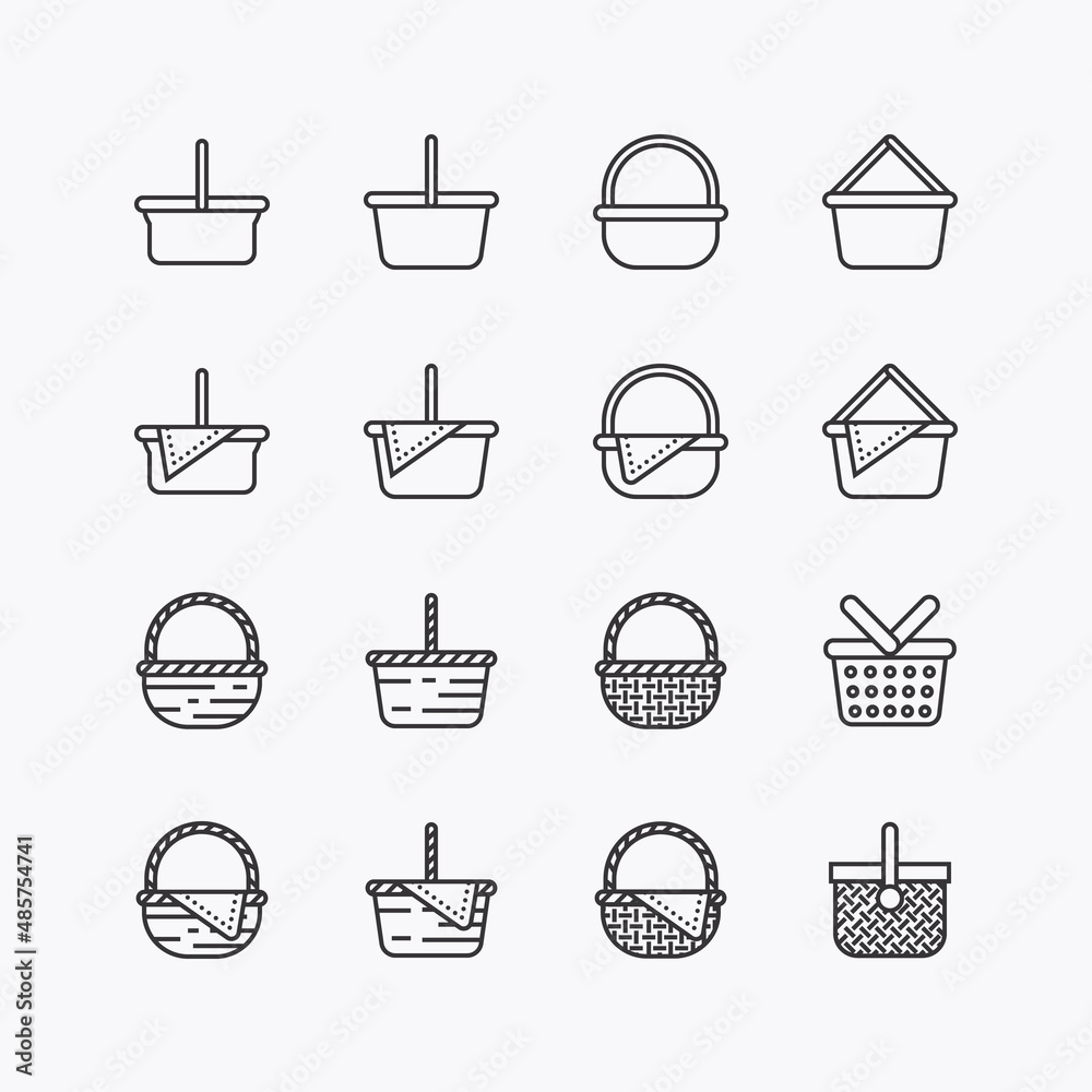 Bundle of Basket wicker vintage flat line icons collection. simple  design vector - obrazy, fototapety, plakaty 