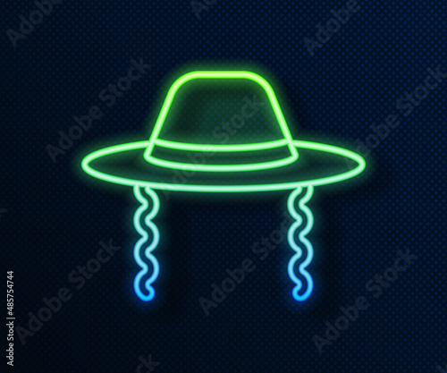 Glowing neon line Orthodox jewish hat with sidelocks icon isolated on blue background. Jewish men in the traditional clothing. Judaism symbols. Vector