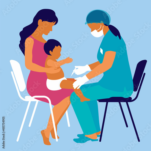 A nurse in a mask in a medical suit, gloves, mask makes an injection of a vaccine for immunization to a child. Protection against the spread of the virus. Mom is holding a baby. Checkup concept.  © MaMboh