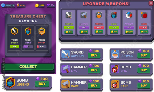 Action Game Ui Kit Menus, pop up, screens and Game elements 