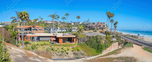 Panoramic view of residential buildings near the beach train railroad at San Clemente, California