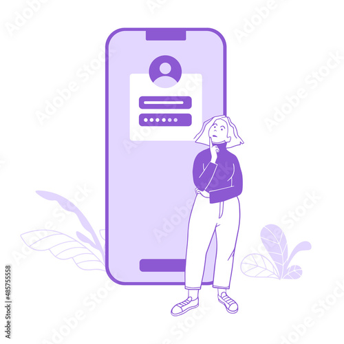 Pensive girl and online sign up. Flat design.