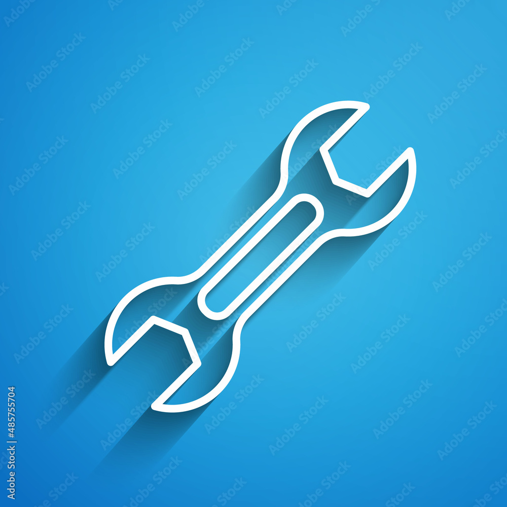 White line Wrench spanner icon isolated on blue background. Long shadow. Vector White line Wrench spanner icon isolated on blue background. Long shadow. Vector