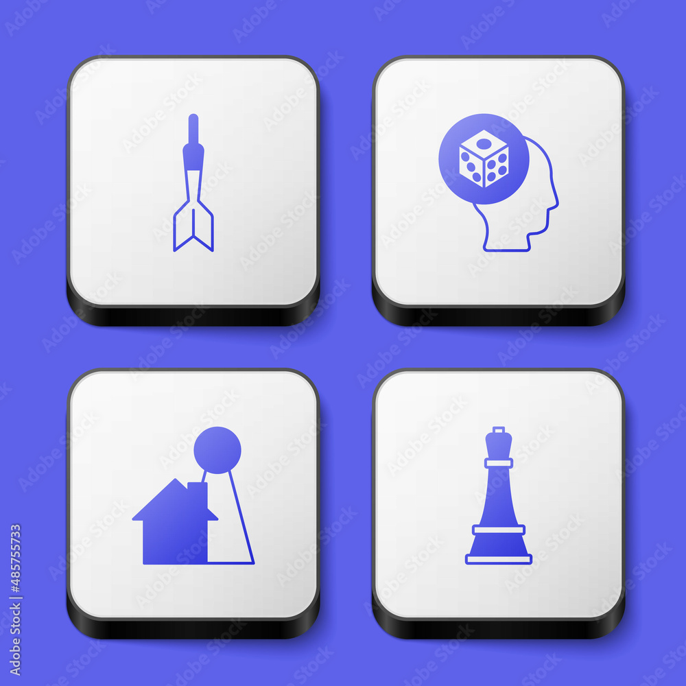 Set Dart arrow, Game dice, Chip for board game and Chess icon. White square button. Vector Set Dart arrow, Game dice, Chip for board game and Chess icon. White square button. Vector