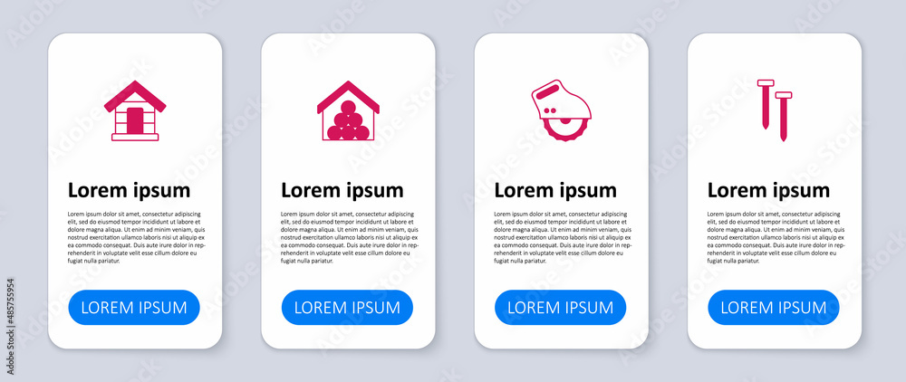 Obraz premium Set Metallic nails, Electric circular saw, Wooden logs and Dog house. Business infographic template. Vector