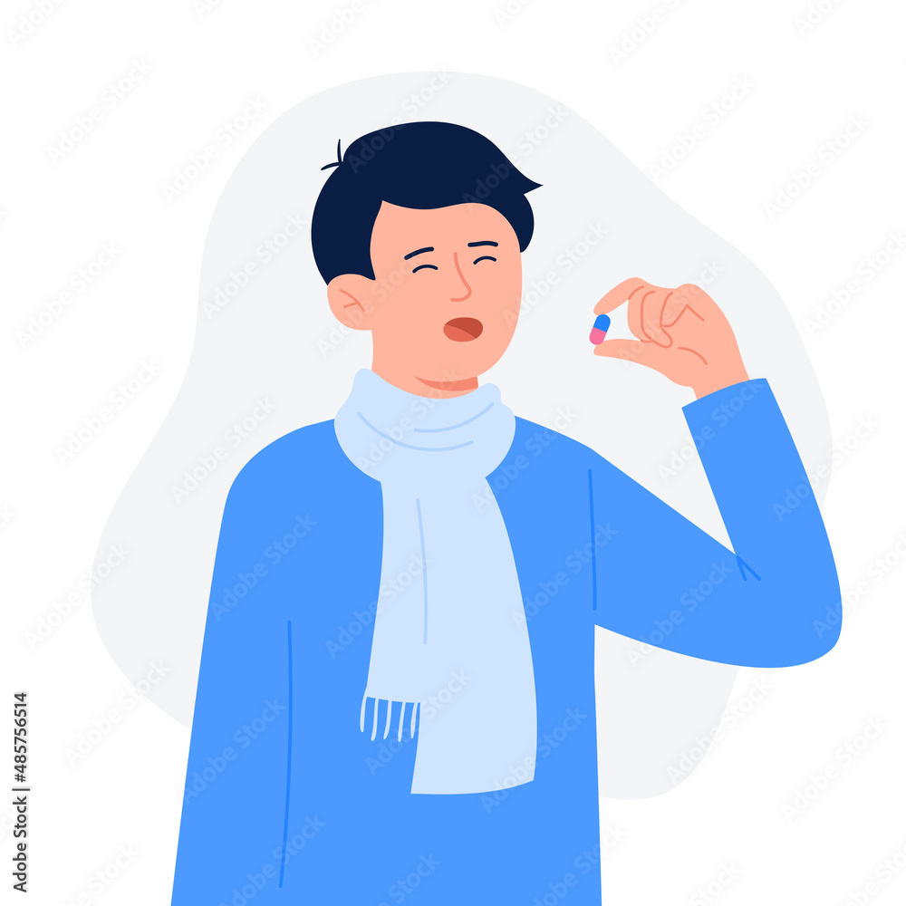 A young man drinks a pill. Cartoon character standing and holding pill capsule painkiller or vitamin medication. Medical drugs and vitamin concept. Vector flat colorful illustration. A young man drinks a pill. Cartoon character standing and holding pill capsule painkiller or vitamin medication. Medical drugs and vitamin concept. Vector flat colorful illustration.