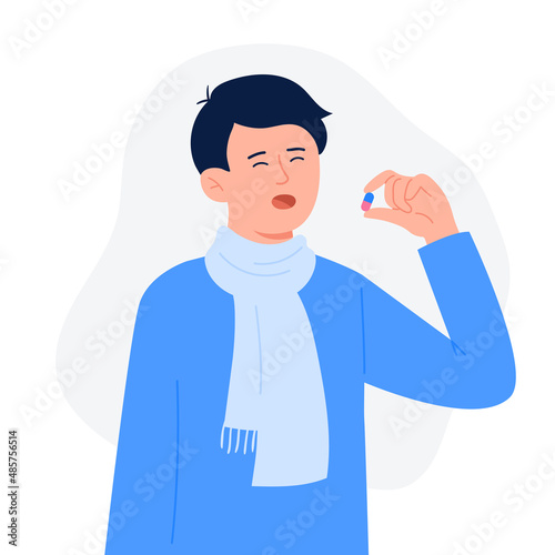 A young man drinks a pill. Cartoon character standing and holding pill capsule painkiller or vitamin medication. Medical drugs and vitamin concept. Vector flat colorful illustration.