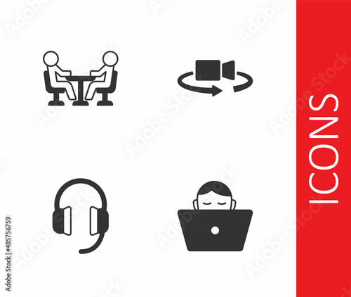 Set Freelancer, Meeting, Headphones and 360 degree view icon. Vector