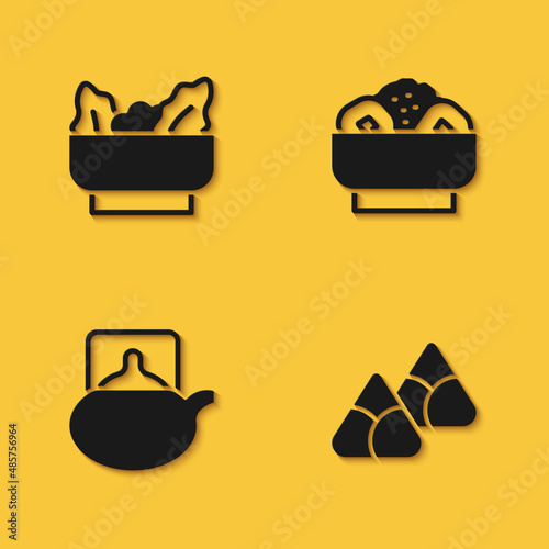 Set Wonton, Zongzi in bamboo steamer, Traditional ceremony and Chow mein plate icon with long shadow. Vector