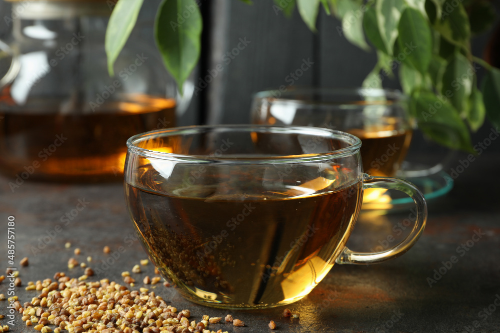 Concept of hot drink with buckwheat tea, close up