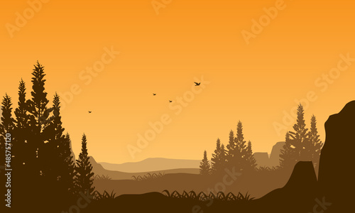 Aesthetic mountain panorama with the silhouette of big trees from out of the city at sunset