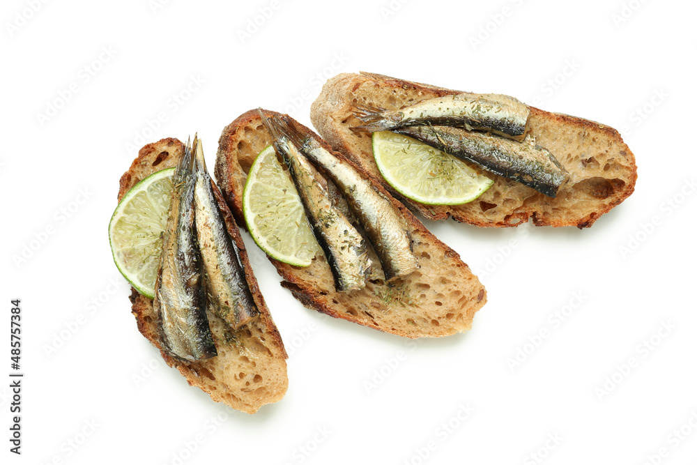 Sandwiches with sprats isolated on white background