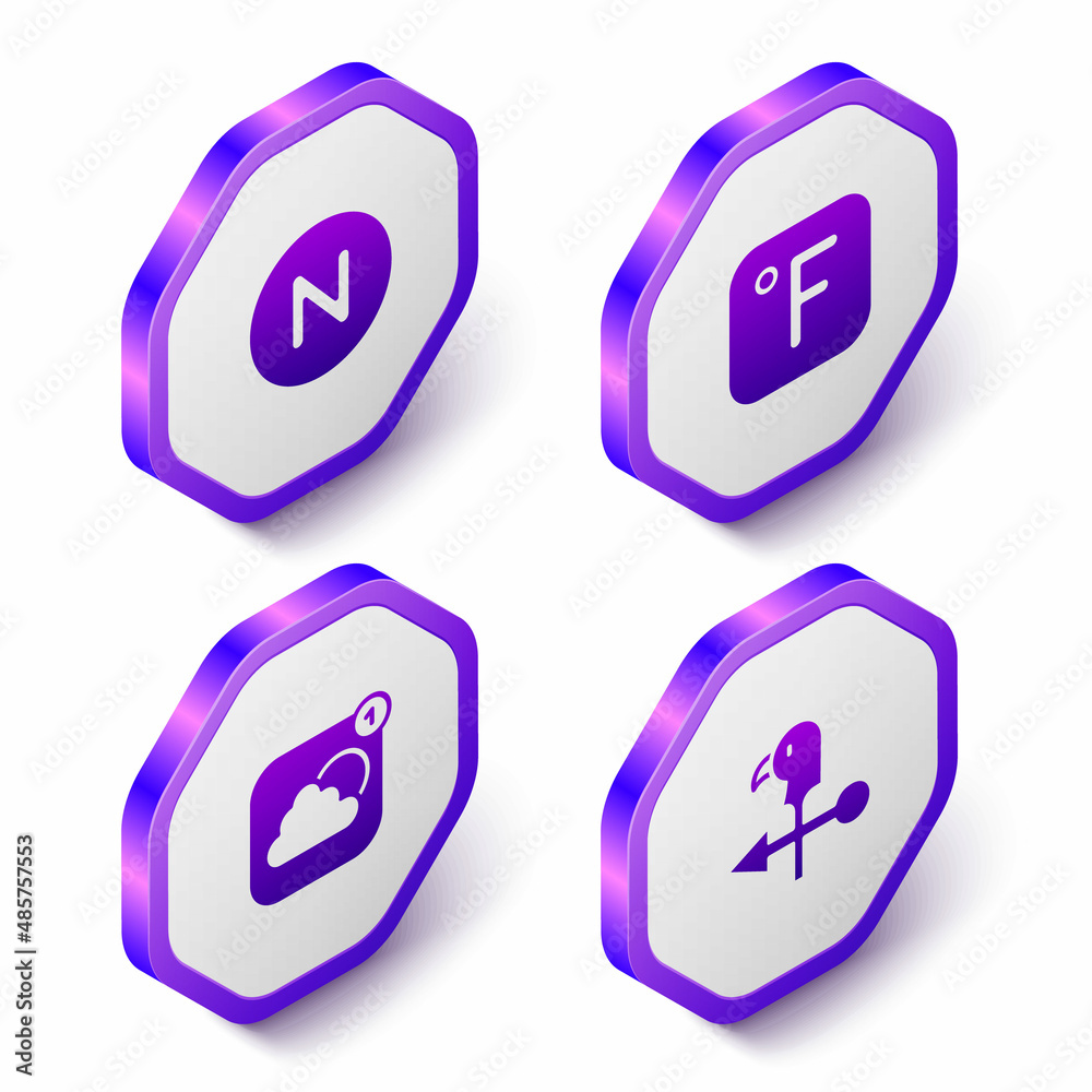 Set Isometric Compass north, Fahrenheit, Weather forecast app and Rooster weather vane icon. Purple hexagon button. Vector Set Isometric Compass north, Fahrenheit, Weather forecast app and Rooster weather vane icon. Purple hexagon button. Vector