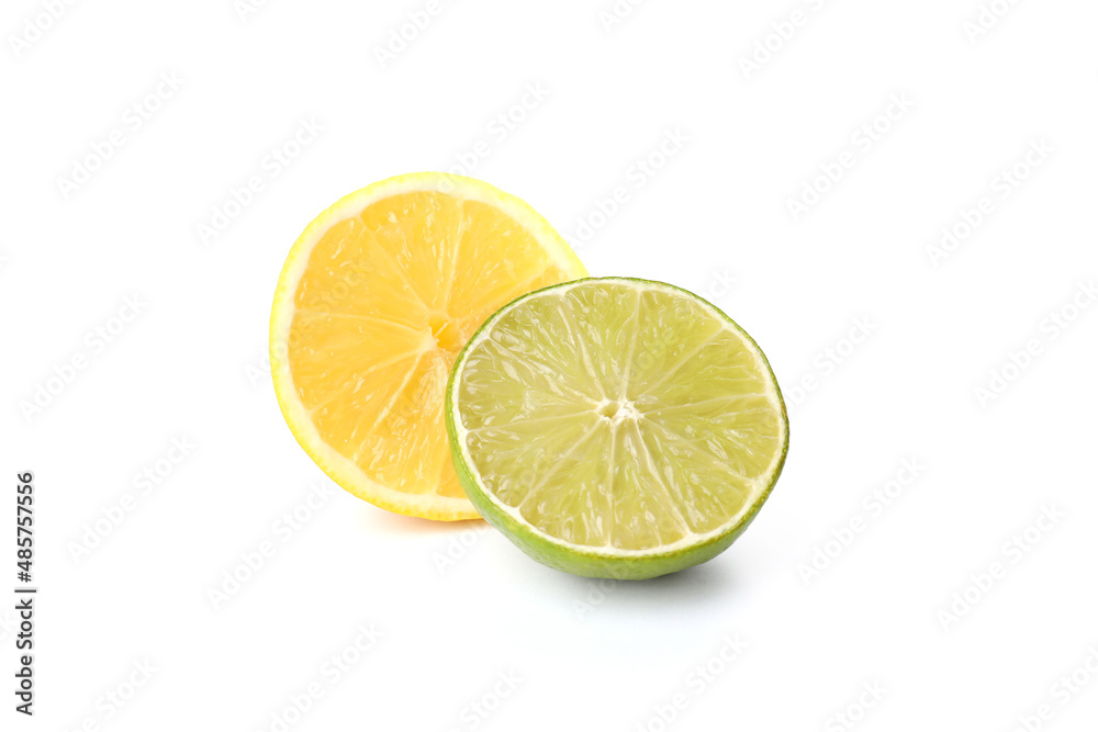 Halves of lemon and lime isolated on white background