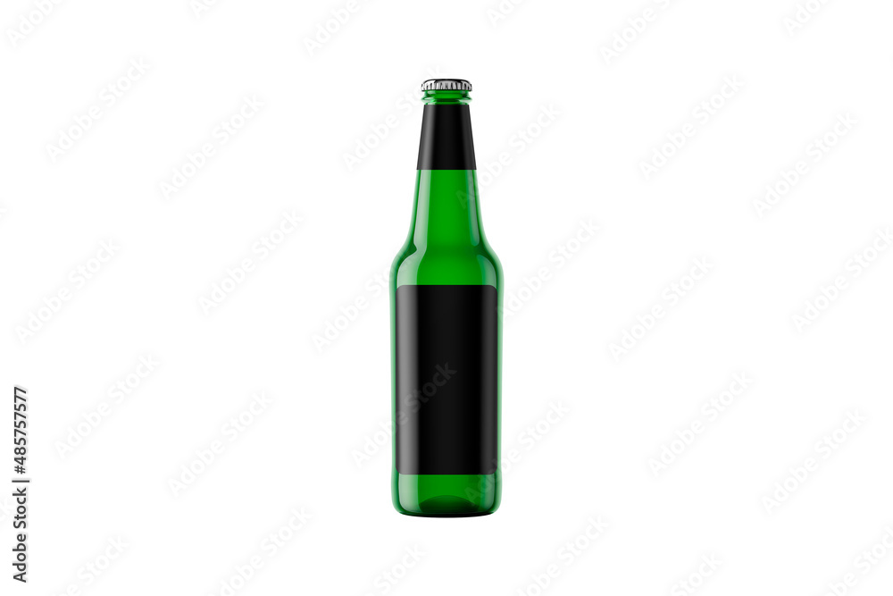 Green beer bottle with empty label mockup isolated on white background. 3d rendering. Green beer bottle with empty label mockup isolated on white background. 3d rendering.