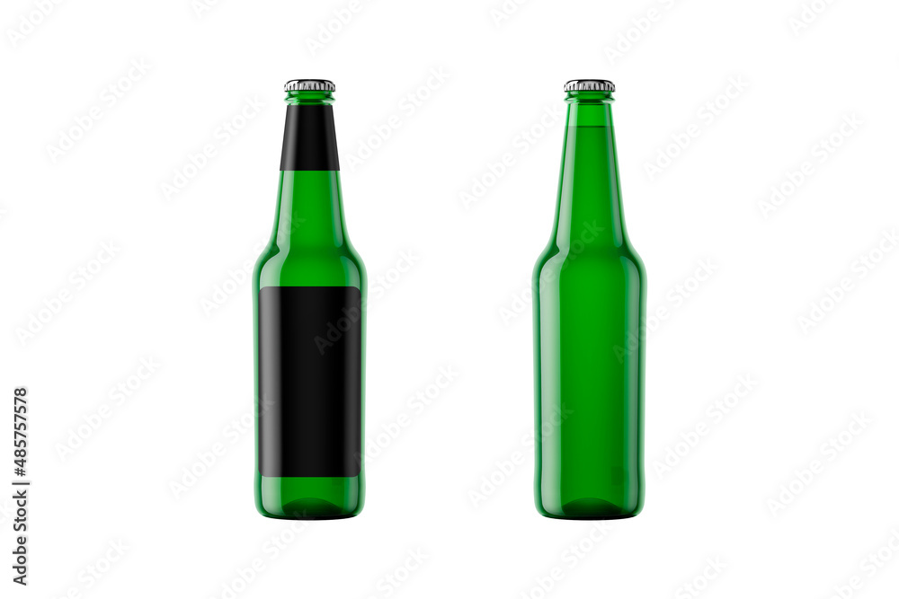 Green beer bottle with empty label mockup isolated on white background. 3d rendering. Green beer bottle with empty label mockup isolated on white background. 3d rendering.