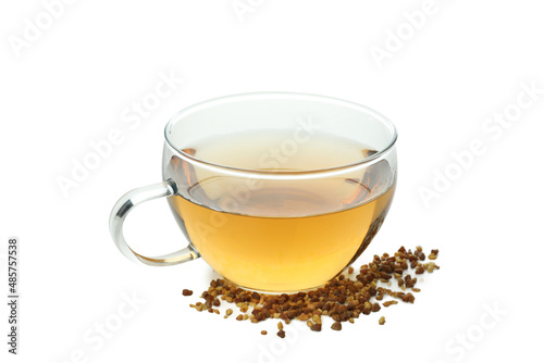 Cup of buckwheat tea isolated on white background