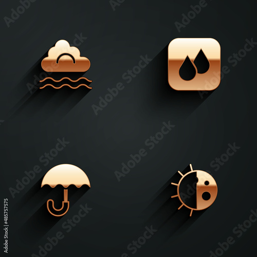 Set Fog and cloud, Water drop, Umbrella and Day night cycle icon with long shadow. Vector