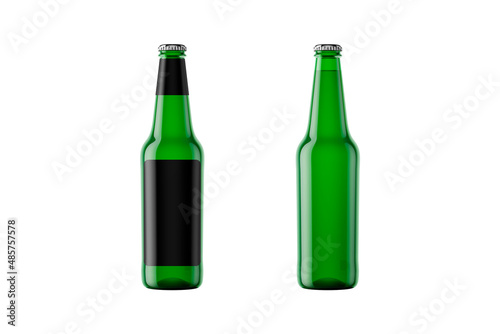 Green beer bottle with empty label mockup isolated on white background. 3d rendering.