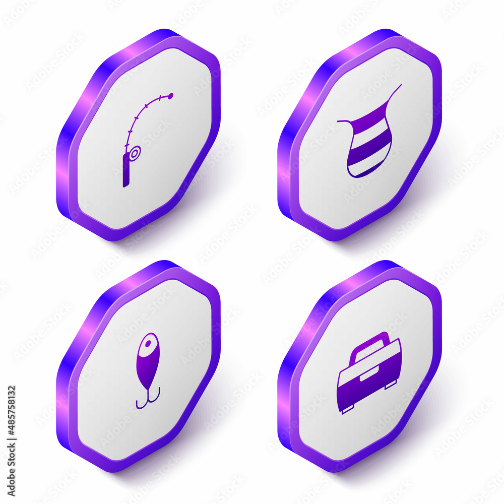 Set Isometric Fishing rod, net, lure and Case or box for fishing equipment icon. Purple hexagon button. Vector Set Isometric Fishing rod, net, lure and Case or box for fishing equipment icon. Purple hexagon button. Vector