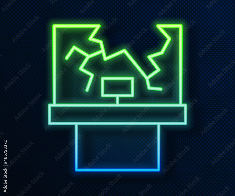 Glowing neon line Broken window icon isolated on blue background. Damaged window. Beaten windowpane concept. Vandalism. Vector