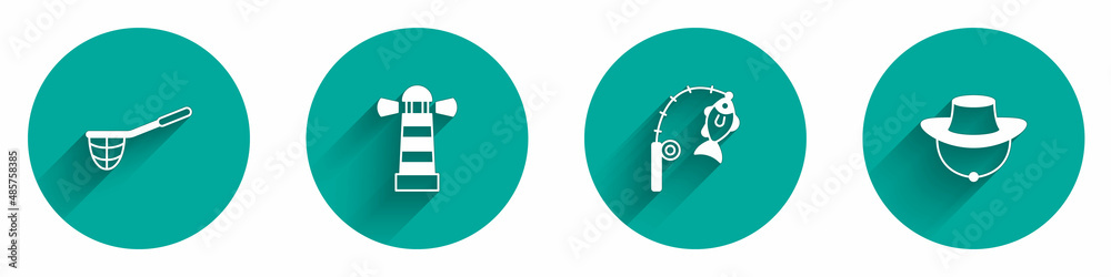 Set Fishing net, Lighthouse, rod and fish and Fisherman hat icon with long shadow. Vector Set Fishing net, Lighthouse, rod and fish and Fisherman hat icon with long shadow. Vector