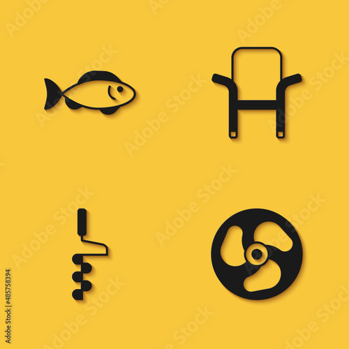 Set Fish, Outboard boat motor, Hand ice drill and Camping folding chair icon with long shadow. Vector