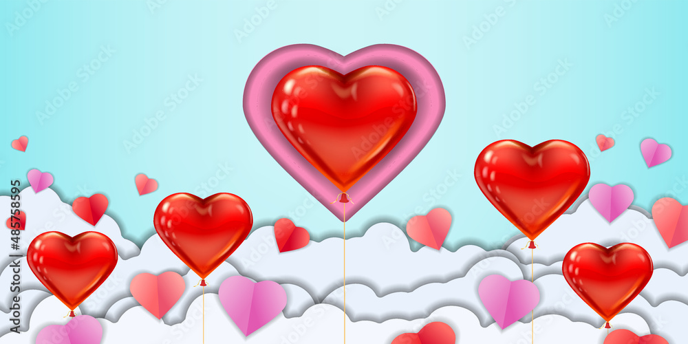 Happy Valentine day papercut craft design horizontal banner, red pink balloon hearts and clouds. Template background for greeting card, sale, invitation, vector