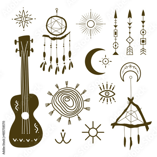 Boho tribal elements. Collection of ornate design things and symbols.