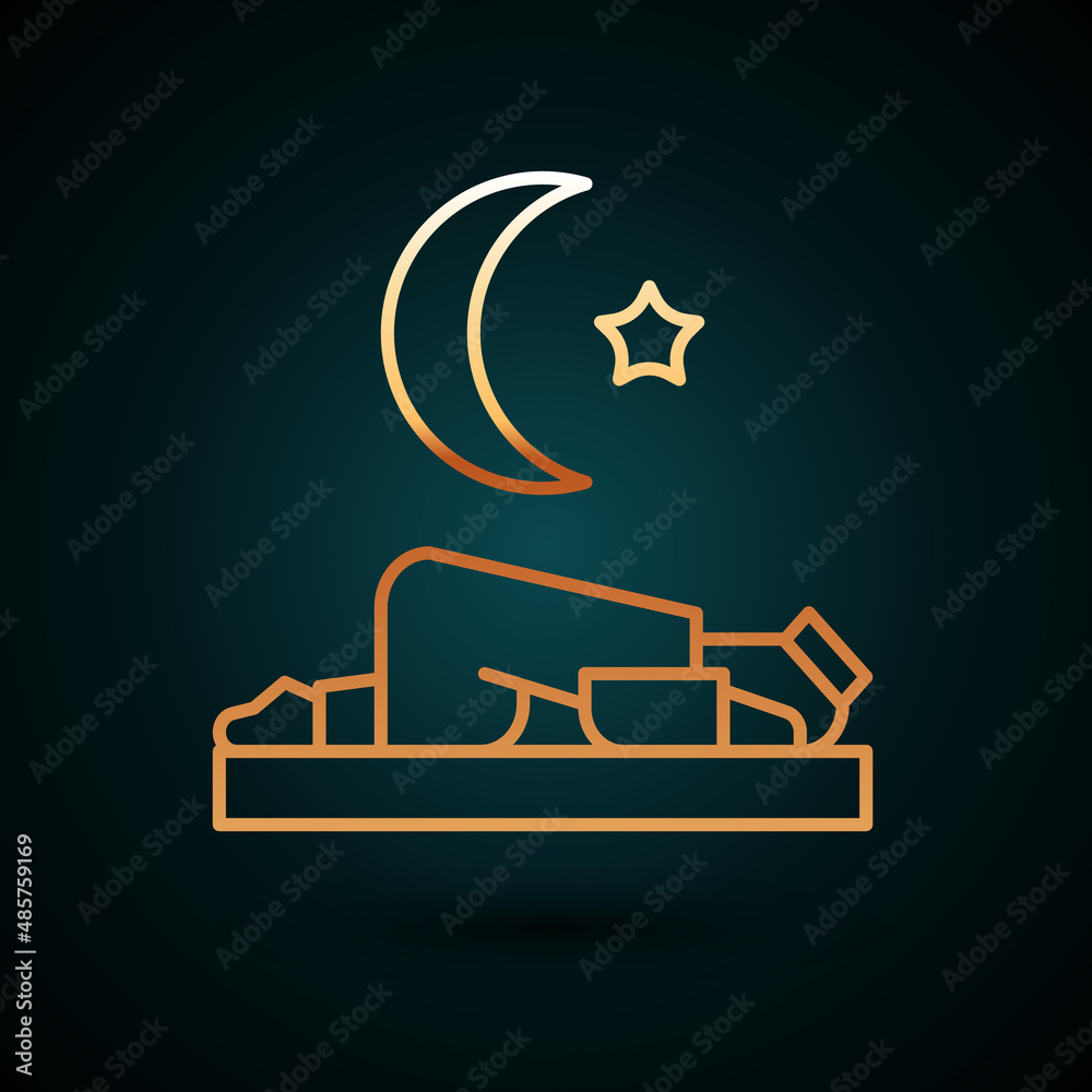 Gold line Muslim man prays on the carpet icon isolated on dark blue background. Vector Gold line Muslim man prays on the carpet icon isolated on dark blue background. Vector