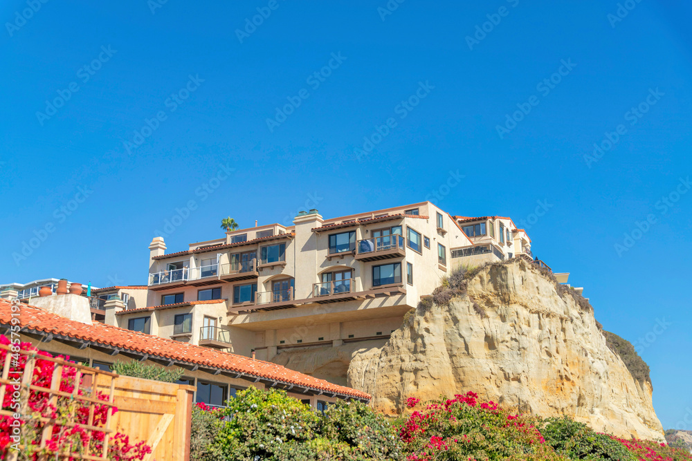 Building with mediterranean design on top of a rocky mountain at San Clemente, California