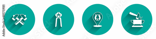 Set Crossed hammer, Blacksmith pliers tool, Horseshoe and Anvil and icon with long shadow. Vector