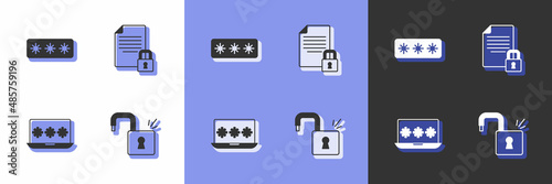 Set Open padlock, Password protection, Laptop with password and Document and icon. Vector