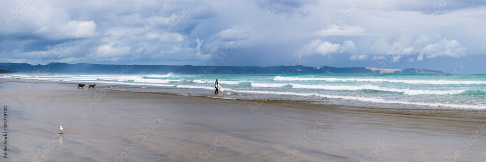 Surfer on 90 Mile Beach, Northland, New Zealand Surfer on 90 Mile Beach, Northland, New Zealand